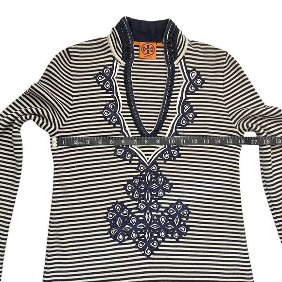 Tory Burch V-Neck Long-Sleeve Knit Dress or Tunic XSmall Black & Striped Embroid - Picture 11 of 12